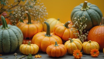 Fall Still Life: Colorful Pumpkins and Delicate White Flowers on a Warm Yellow Backdrop