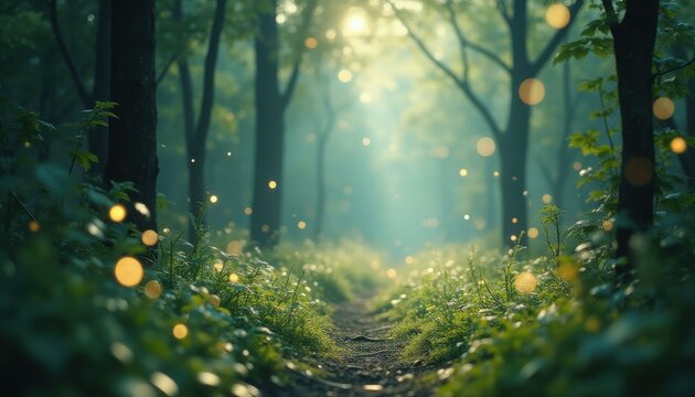 Enchanted forest path with magical bokeh lights and lush green foliage creating a whimsical fairytale scene