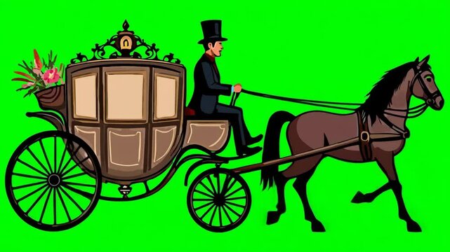 Horse harnessed to fairy tale magical carriage with driver in top hat, flat vector cartoon style, green screen, chromakey, footage, loop, mockup