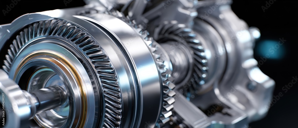 Poster close-up of a shiny metallic engine component showcasing intricate gears and mechanical details.