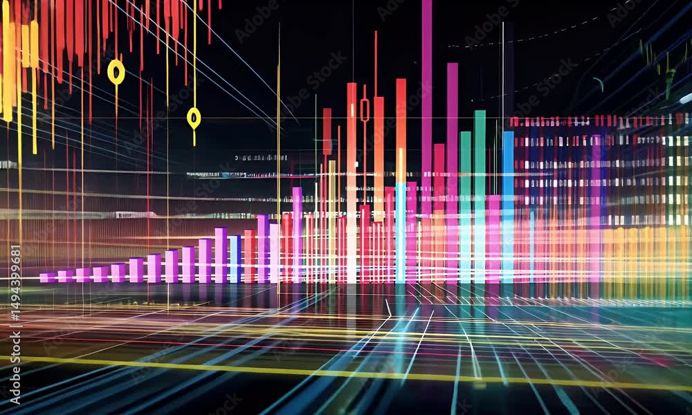 Poster a colorful data visualization of market trends, with dynamic lines and glowing lights representing u