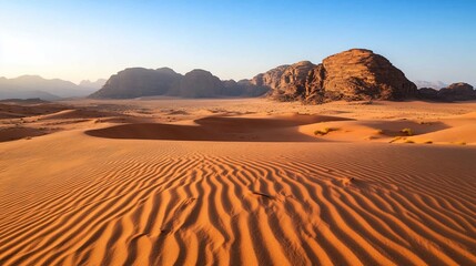 Majestic panorama of Wadi Rum desert with sand dunes and mountains during golden hour