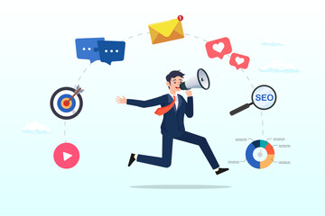 Man speak on megaphone with marketing elements, marketing strategy, communication for online website, social media or market research, advertising, seo optimisation or marketing campaign concept