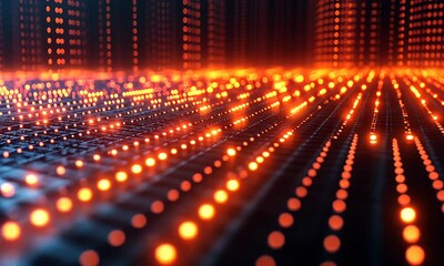 An abstract, illuminated scene. A grid of glowing orbs in rows extends into the distance, with vertical columns of lights above. A low-angle view - Powered by Adobe