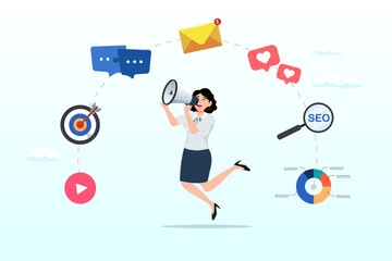 Woman speak on megaphone with marketing elements, marketing strategy, communication for online website, social media or market research, advertising, seo optimisation or marketing campaign concept