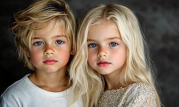 Two children with blonde hair and blue eyes. Boy wearing white shirt. Girl wearing embellished dress. Freckles on faces. Background is dark grey