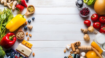 Fresh, healthy food arrangement on a white wooden surface.