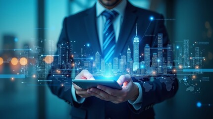 Businessman Using a Digital Tablet with a Networked Cityscape Overlay