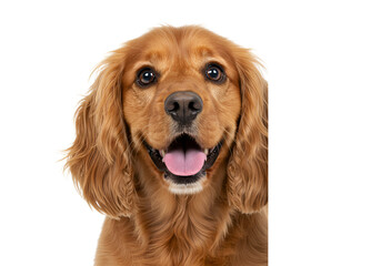 Happy Dog Peeking Around the Corner isolated on white background