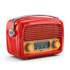 Cartoon 3D red retro radio illustration, vintage plastic-like design, on clean white backdrop, rendered in smooth toy design, vibrant colors used for fun appearance, visually clear and appealing for g