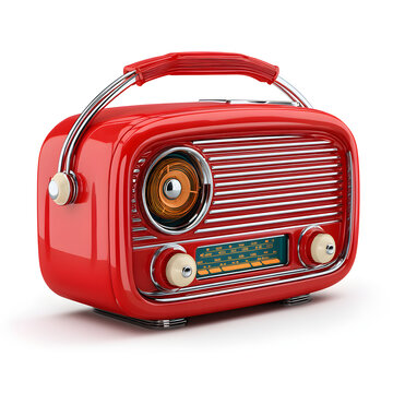 Cartoon 3D red retro radio illustration, vintage plastic-like design, on clean white backdrop, rendered in smooth toy design, vibrant colors used for fun appearance, visually clear and appealing for g
