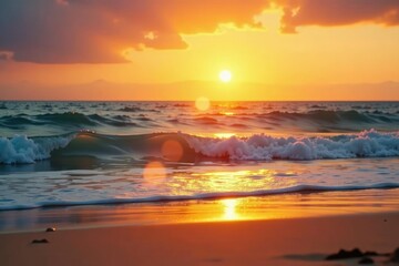 Tranquil sun-drenched sand beach at sunset Golden hour light reflecting on the ocean waves , yellow, getaway
