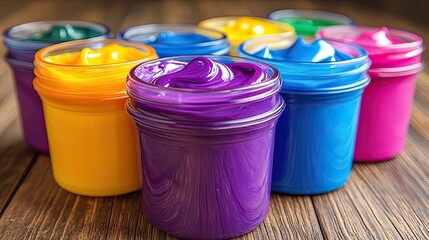 Colorful paint jars on wood.