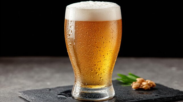 A frosty glass of golden lager with condensation beads, placed on a dark slate surface, warm spotlight highlighting foam head, and generous empty space above for text placement