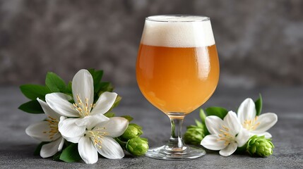 A hopped-up IPA in tulip glass garnished with fresh hop flower, set against a deep charcoal background with empty area on left for marketing text