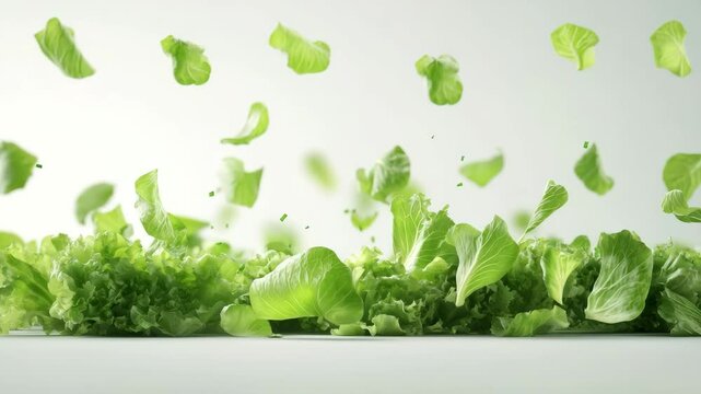 Green lettuce leaves, some whole and some individual, appearing to fall or be suspended in mid-air against a white background.