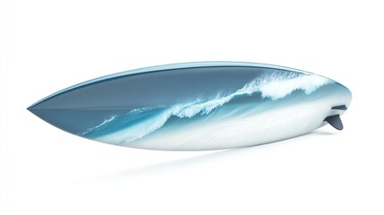 Fototapeta premium A stylized surfboard, angled, with a graphic of a large wave. The board is a dark-blue/gray, with a lighter turquoise wave design. Isolated on white background