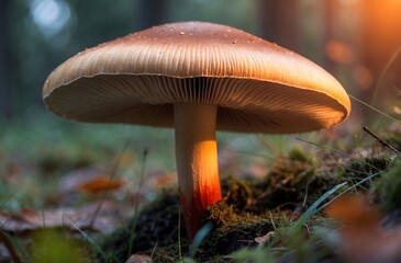 Fototapeta premium Closeup of a mushroom in a forest illuminated by sunlight