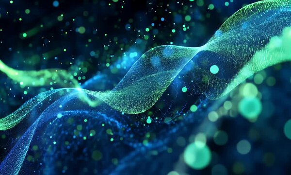  Abstract background with blue and green glowing lines, creating an atmosphere of futuristic technology or digital data flow. Abstract wave line design with bokeh effect for banner background