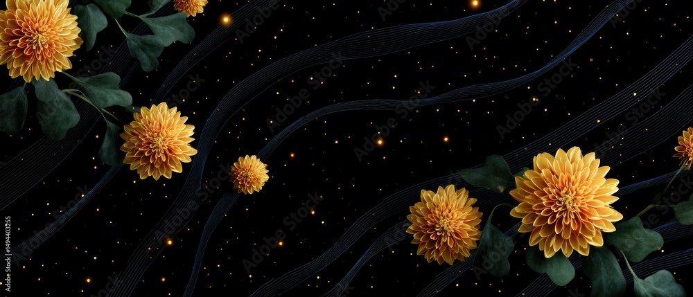 Poster a floral design featuring chrysanthemums on a dark background with flowing lines, creating a strikin