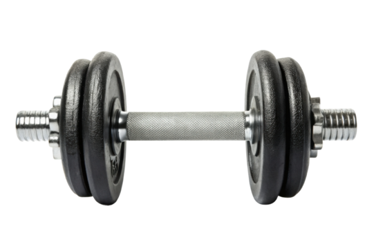 PNG Steel dumbbell with black weights on dark background for fitness and strength training