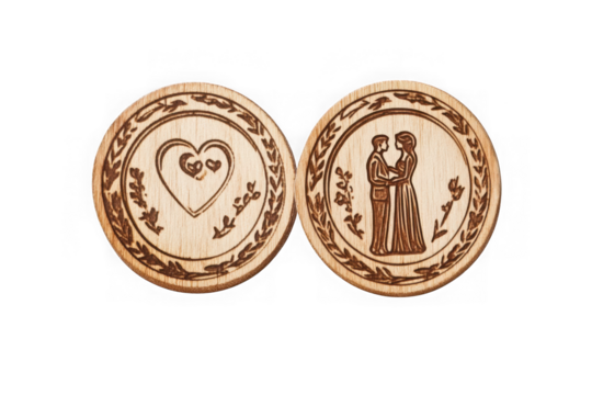 Engraved wooden wedding tokens love heart couple marriage celebration anniversary gift isolated on transparent background