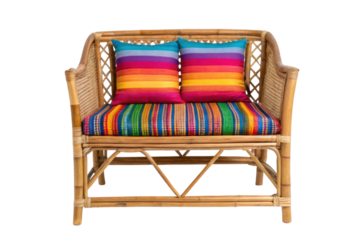 PNG Colorful cushions on wicker sofa with vibrant stripes and rattan design