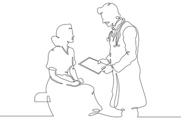 Continuous one line drawing doctor with a patient. The attending physician shows the sick patient documents. The doctor is a man and a woman.One continuous line isolated minimal illustration.Not AI.