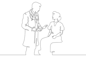 Continuous one line drawing doctor with a patient. The attending physician shows the sick patient documents. The doctor is a man and a woman.One continuous line isolated minimal illustration.Not AI.