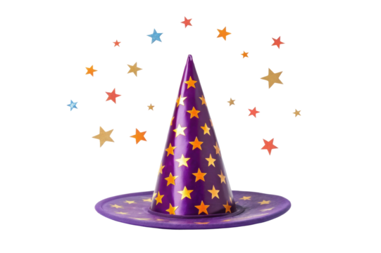 PNG Purple wizard hat with colorful stars for magical celebrations