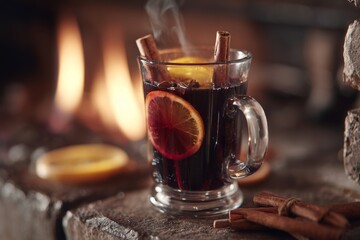 Warm and Inviting Beverage with Cinnamon Sticks and Citrus Slices Near a Cozy Fireplace Setting