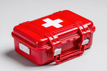Red First Aid case with white cross on white
