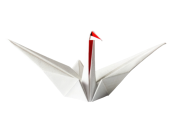 PNG Elegant white origami crane with red accent on black background