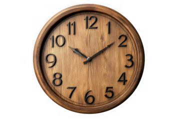 Wooden wall clock time hour minute second analog round vintage antique design interior isolated on transparent background