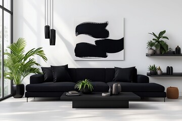 minimalist monochrome living room interior with modern furniture