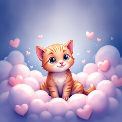 Adorable Cartoon Kitten With Hearts in a Whimsical Cloudy Background