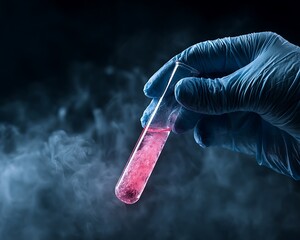 hand in blue glove holding test tube filled with pink glowing chemical, misty dark background, mysterious atmosphere, blank space on background for text overlay,