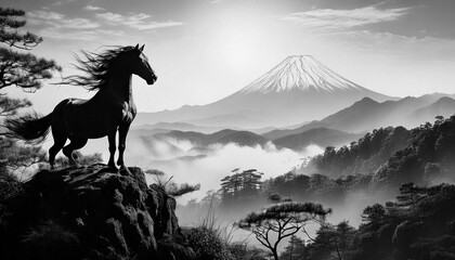 絶壁に立つ馬,Generative AI,AI画像