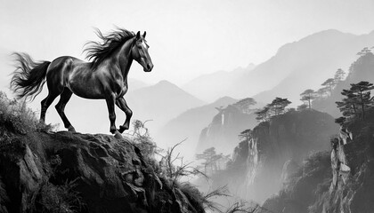絶壁に立つ馬,Generative AI,AI画像