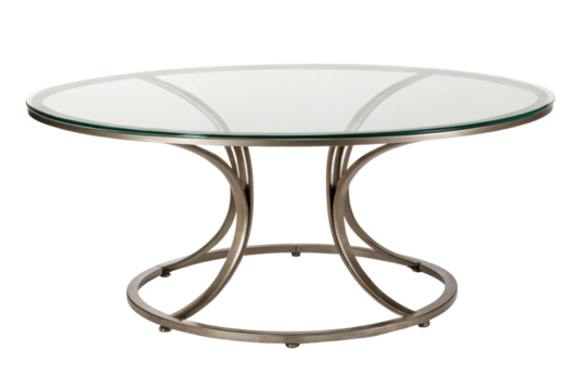 PNG Elegant glass-top round table with curved metal base design