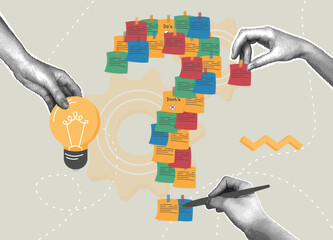 Trendy halftone collage.Brainstorming.Ideas and solutions for innovation.Concept of problem enumeration to find idea for solution,uncertainty,doubt,clarification,problem solving concept.