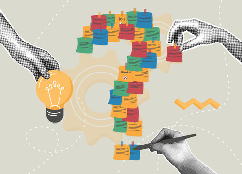 Trendy halftone collage.Brainstorming.Ideas and solutions for innovation.Concept of problem enumeration to find idea for solution,uncertainty,doubt,clarification,problem solving concept.