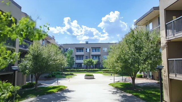 Lush Green Courtyard with Trees and Shrubs in an Apartment Complex Under a Bright Blue Sky During Day Light