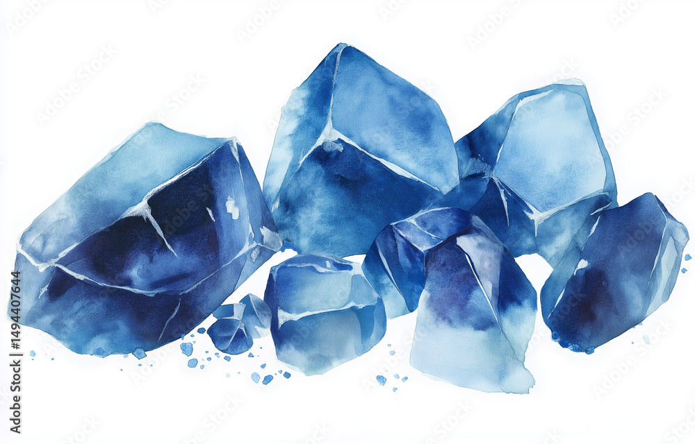 Poster watercolor blue ice particles on white background simple clip art and flat vector illustration in mi