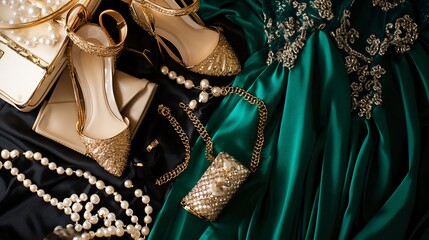 Elegant fashion still life featuring gold accessories, emerald gown and pearl necklace