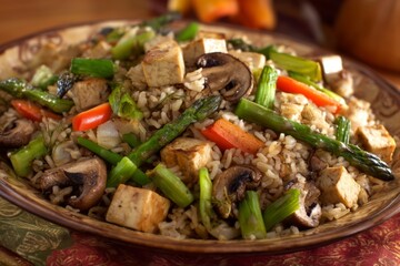 Vibrant bowl of vegetable rice stir-fry with tofu, mushrooms, asparagus, and colorful fresh vegetables served on a rustic table
