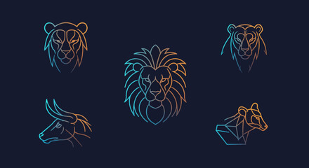 Gradient Line Art Depicting Majestic Animals in Various Poses and Styles