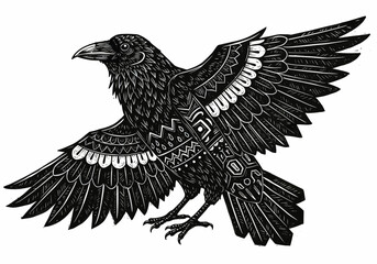 Ornate Raven with Geometric Wing Patterns in Black and White