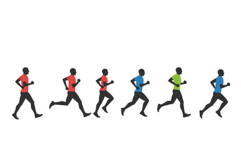 Silhouetted Runners in Various Colored Shirts Exercising and Competing