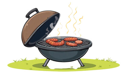 Charcoal grill with sausages sizzling on grate, emitting steam and aroma, set on grass